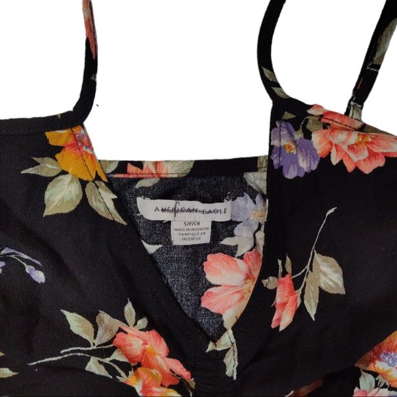 American Eagle Shirt Small Black Floral Cinch Front Tank Top Cami AEO whimsigoth - Picture 7 of 9